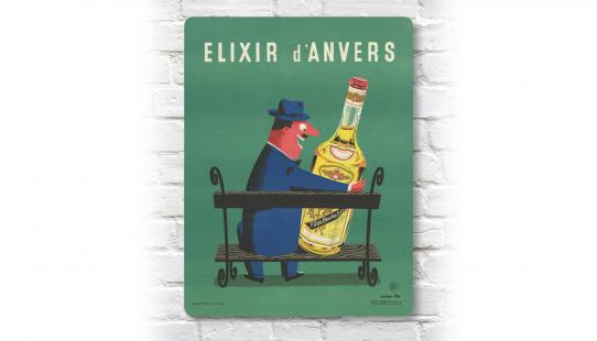 retro muurbord met authentiek Belgische affiche van Elixir d’Anvers in aluminium formaat 30 op 40 cm