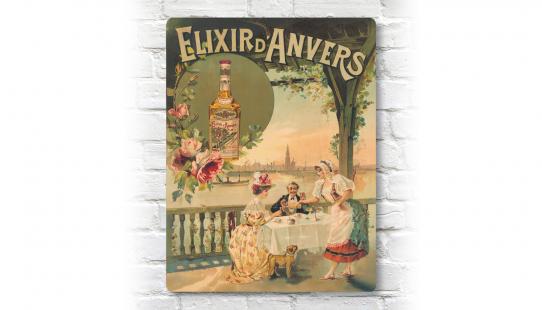 retro muurbord met authentiek Belgische affiche van Elixir d’Anvers in aluminium formaat 30 op 40 cm