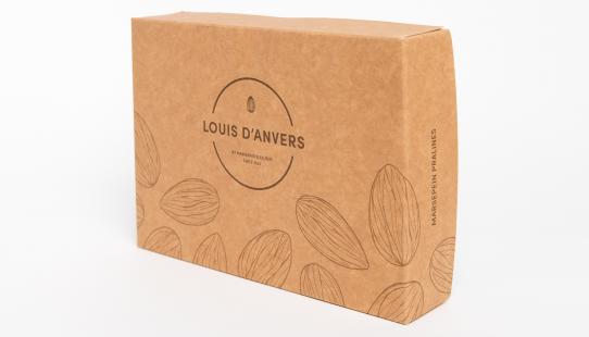 Louis d’Anvers Box 1 kg boîte en carton avec 1 kg de pralines artisanales fourré à la pâte d’amande