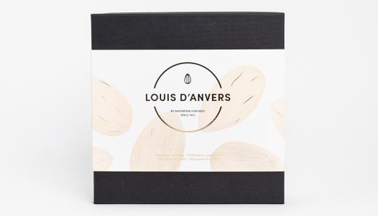 Louis d’Anvers Box 28 pralines boîte en carton noire avec 28 pralines artisanales fourré à la pâte d’amande