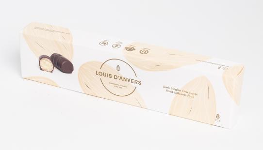 Louis d’Anvers Box 8 pralines witte kartonnen doos met 8 artisanale pralines gevuld met marsepein