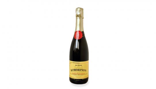 Schorpion ‘Goud’ brut nature wijnfles met etiket voorkant