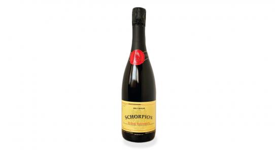 Schorpion ‘Zwart’ extr brut wijnfles met etiket voorkant
