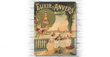 plaque murale rétro avec l’authentique affiche belge d’Elixir d’Anvers en aluminium taille 30 par 40 cm