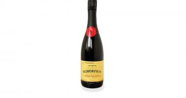 Schorpion ‘Zwart’ brut nature wijnfles met etiket voorkant